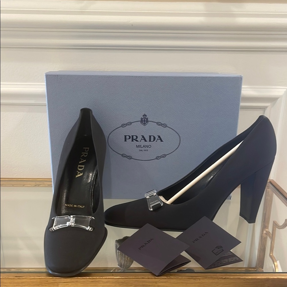 Prada Black Poplin High Heel Pumps with Block Heel